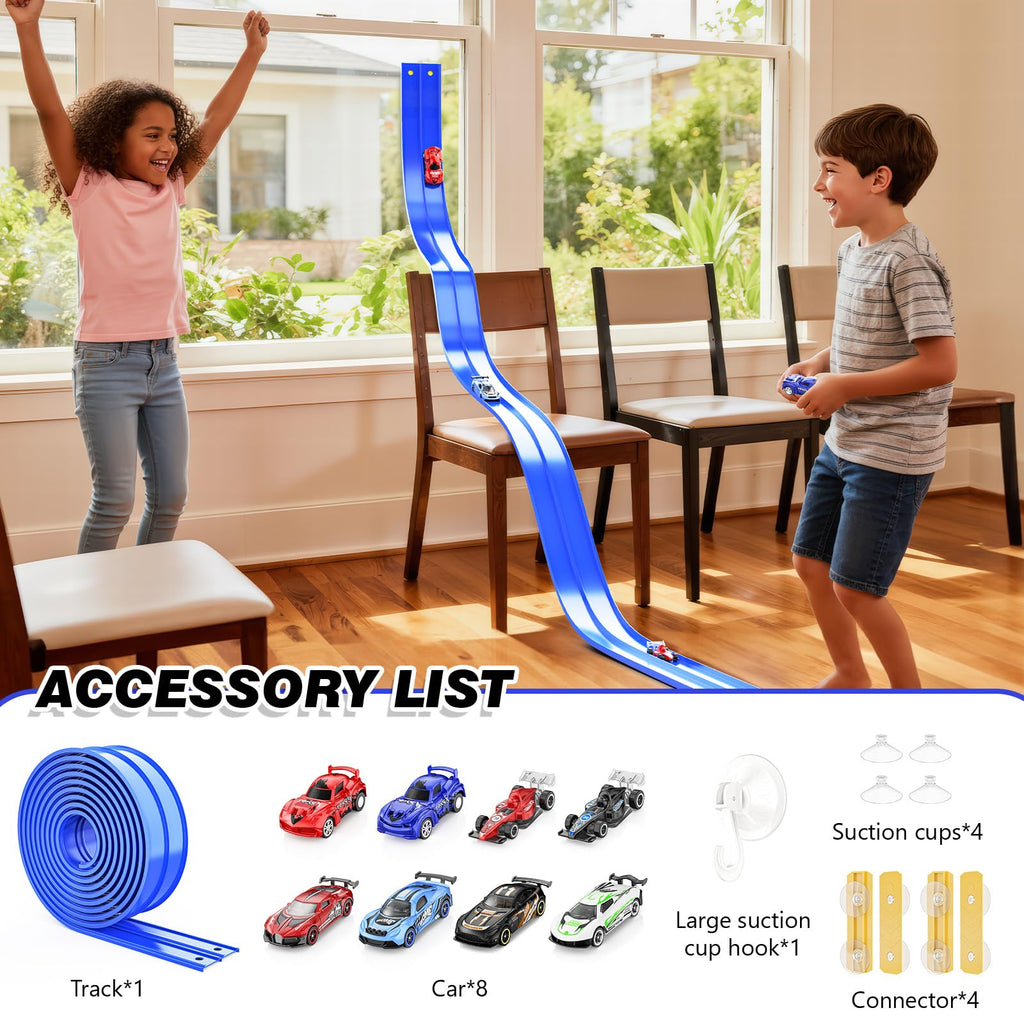 Flexible 15-Foot Race Track with Suction Cups – Compatible with Hot Wheels & 1/64 Cars, Includes 8 Toy Cars for Kids Ages 3+