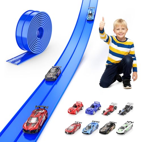 Flexible 15-Foot Race Track with Suction Cups – Compatible with Hot Wheels & 1/64 Cars, Includes 8 Toy Cars for Kids Ages 3+
