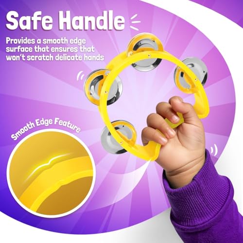 Flexzion Half Moon Tambourine Set – 4 Colors (Red, Yellow, Blue, Green) with Ergonomic Handle and Double Row Jingles