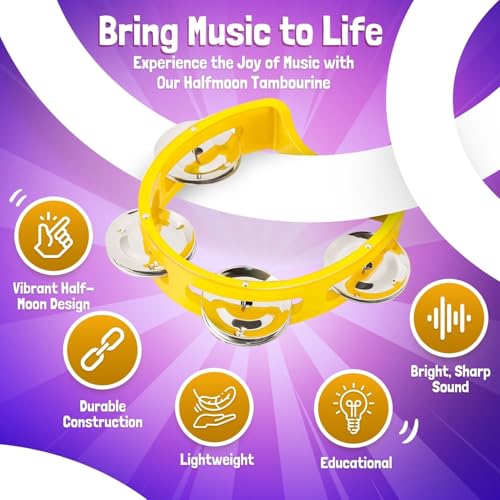 Flexzion Half Moon Tambourine Set – 4 Colors (Red, Yellow, Blue, Green) with Ergonomic Handle and Double Row Jingles