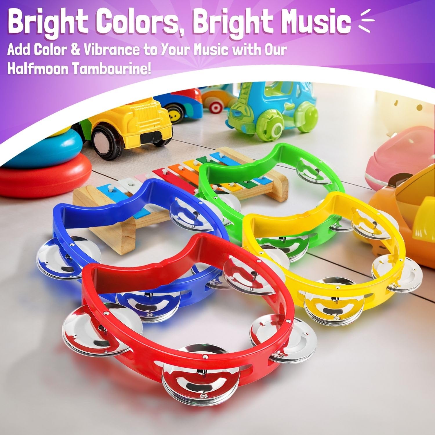Flexzion Half Moon Tambourine Set – 4 Colors (Red, Yellow, Blue, Green) with Ergonomic Handle and Double Row Jingles