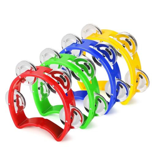 Flexzion Half Moon Tambourine Set – 4 Colors (Red, Yellow, Blue, Green) with Ergonomic Handle and Double Row Jingles