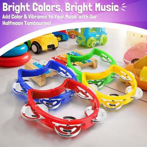 Flexzion Half Moon Tambourine Set – 4 Colors (Red, Yellow, Blue, Green) with Ergonomic Handle and Double Row Jingles