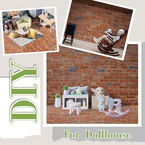 Flutesan 12-Pack Miniature Dollhouse Wallpaper and Flooring Sheets - Peel & Stick Red Brick Pattern, A4 Size (8.27 x 11.69 in)