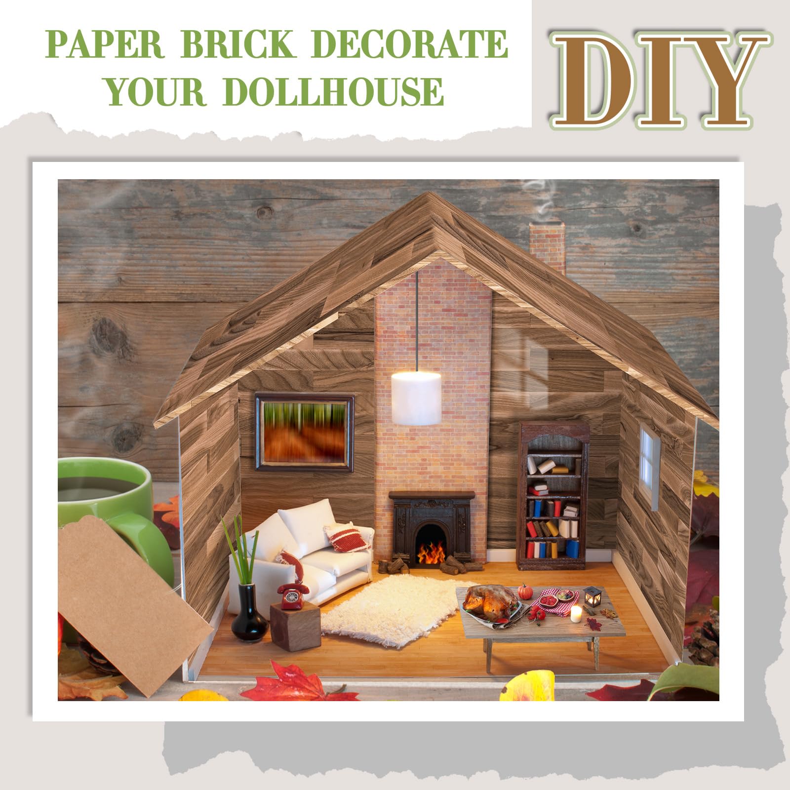 Flutesan 12-Pack Miniature Dollhouse Wallpaper & Flooring Sheets – Peel and Stick, 8.27 x 11.69 Inches, Classic Wood Grain