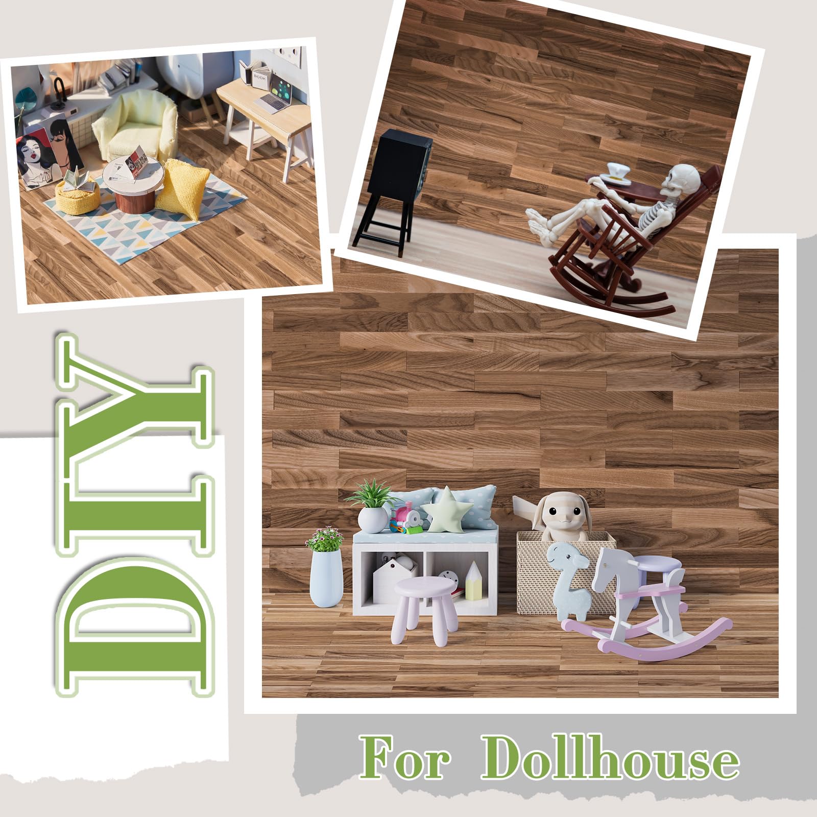 Flutesan 12-Pack Miniature Dollhouse Wallpaper & Flooring Sheets – Peel and Stick, 8.27 x 11.69 Inches, Classic Wood Grain