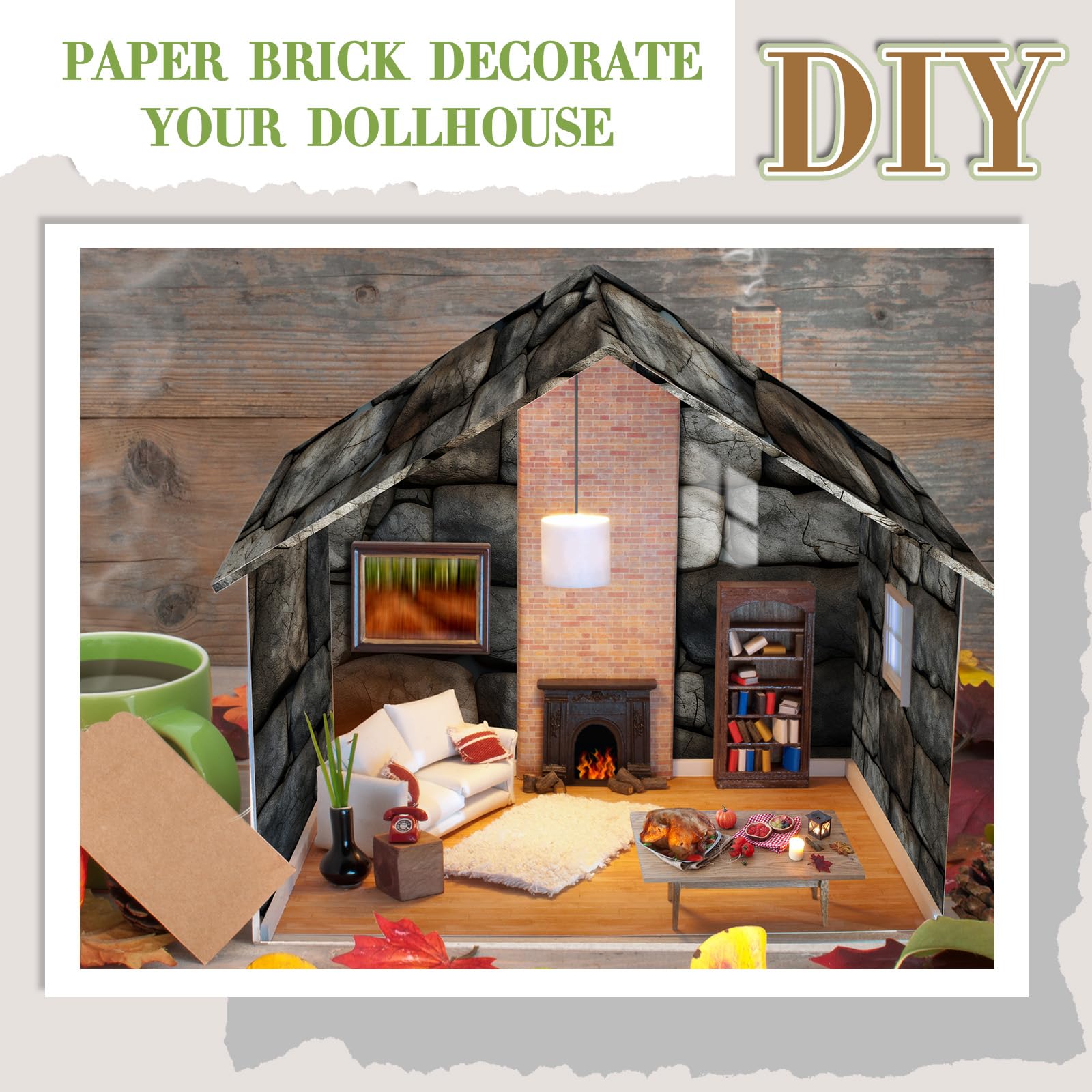 Flutesan 12-Piece Self-Adhesive Dollhouse Wallpaper & Flooring Set – Stone Pattern, 8.27x11.69 Inch Sheets