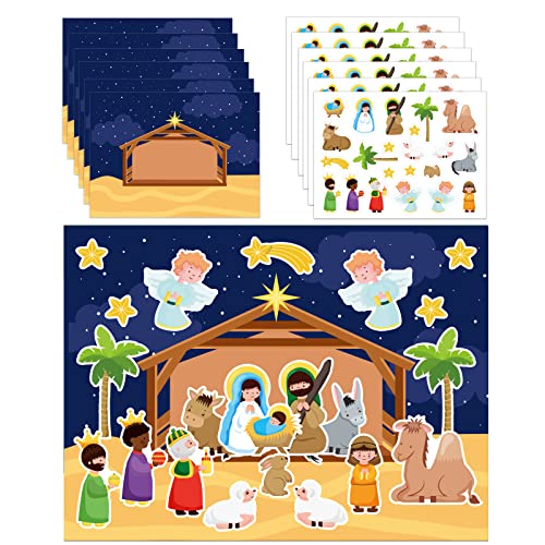 FLYAB Nativity Stickers 12 Sets - DIY Christian Christmas Sticker Craft Kit with Background Cards