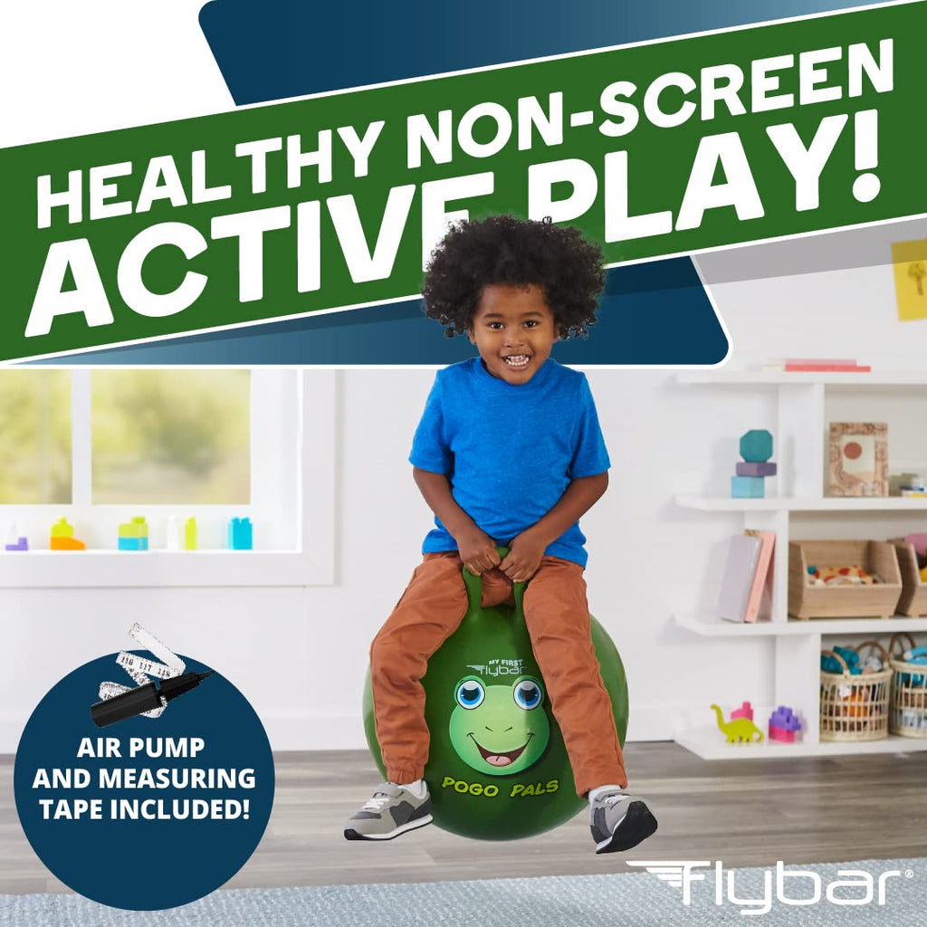Flybar Hopper Ball for Kids - 18-Inch Inflatable Bouncy Ball with Handle, Supports 165 lbs, Includes Pump
