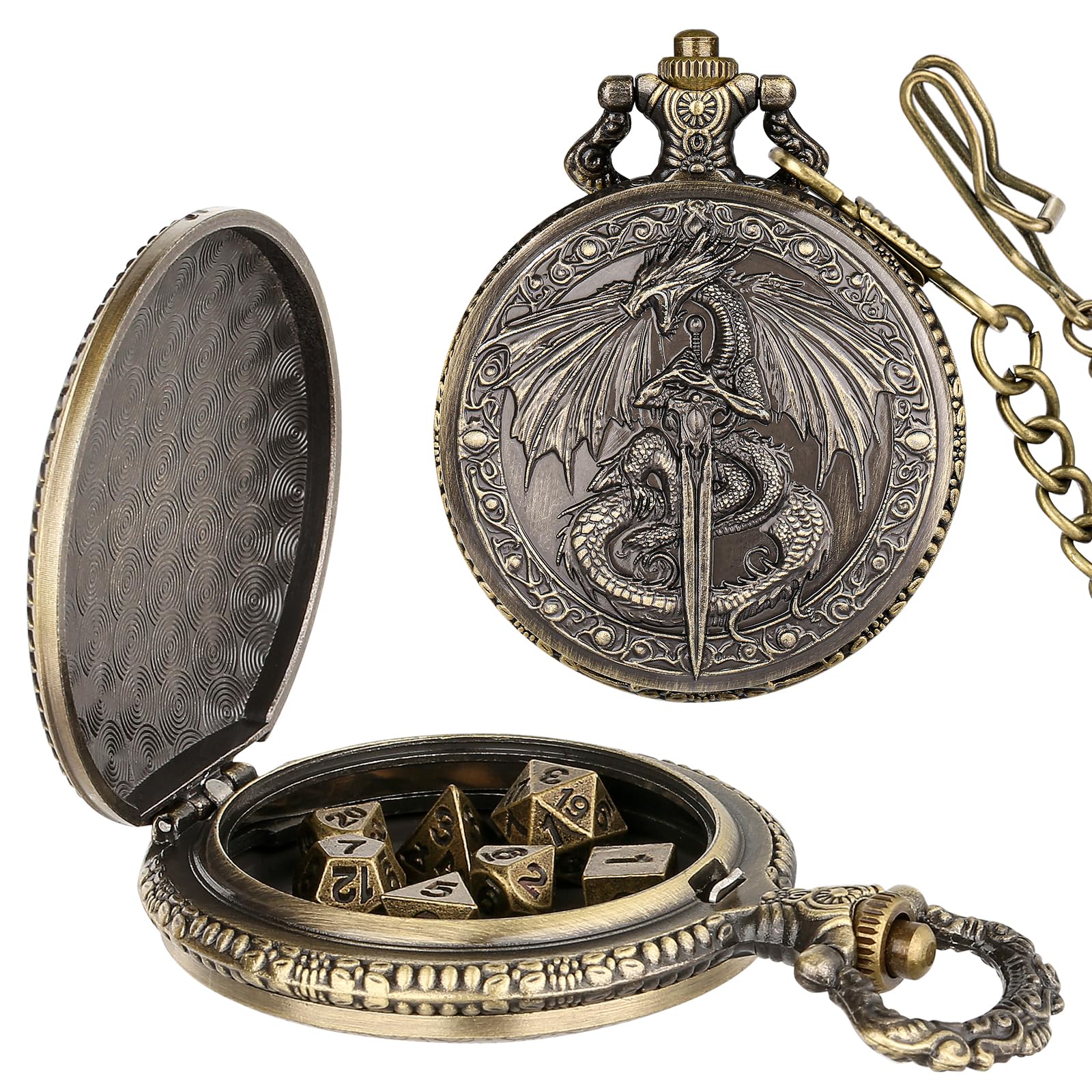 Flying Dragon Pocket Watch Dice Set - 7 Mini Polyhedral Metal Dice in Bronze Case with Gift Bag