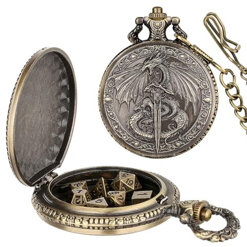 Flying Dragon Pocket Watch Dice Set - 7 Mini Polyhedral Metal Dice in Bronze Case with Gift Bag