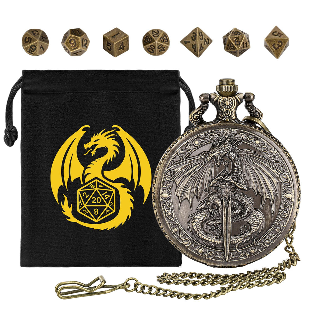 Flying Dragon Pocket Watch Dice Set - 7 Mini Polyhedral Metal Dice in Bronze Case with Gift Bag