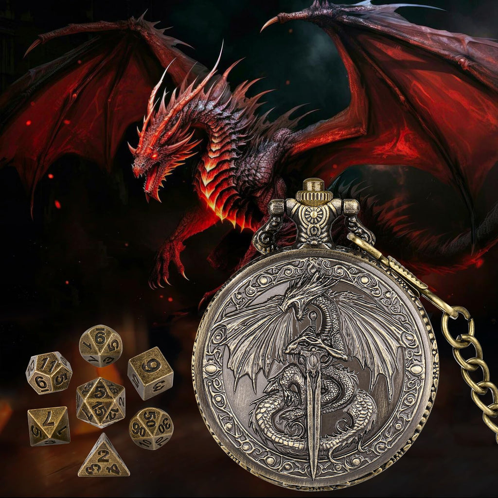 Flying Dragon Pocket Watch Dice Set - 7 Mini Polyhedral Metal Dice in Bronze Case with Gift Bag