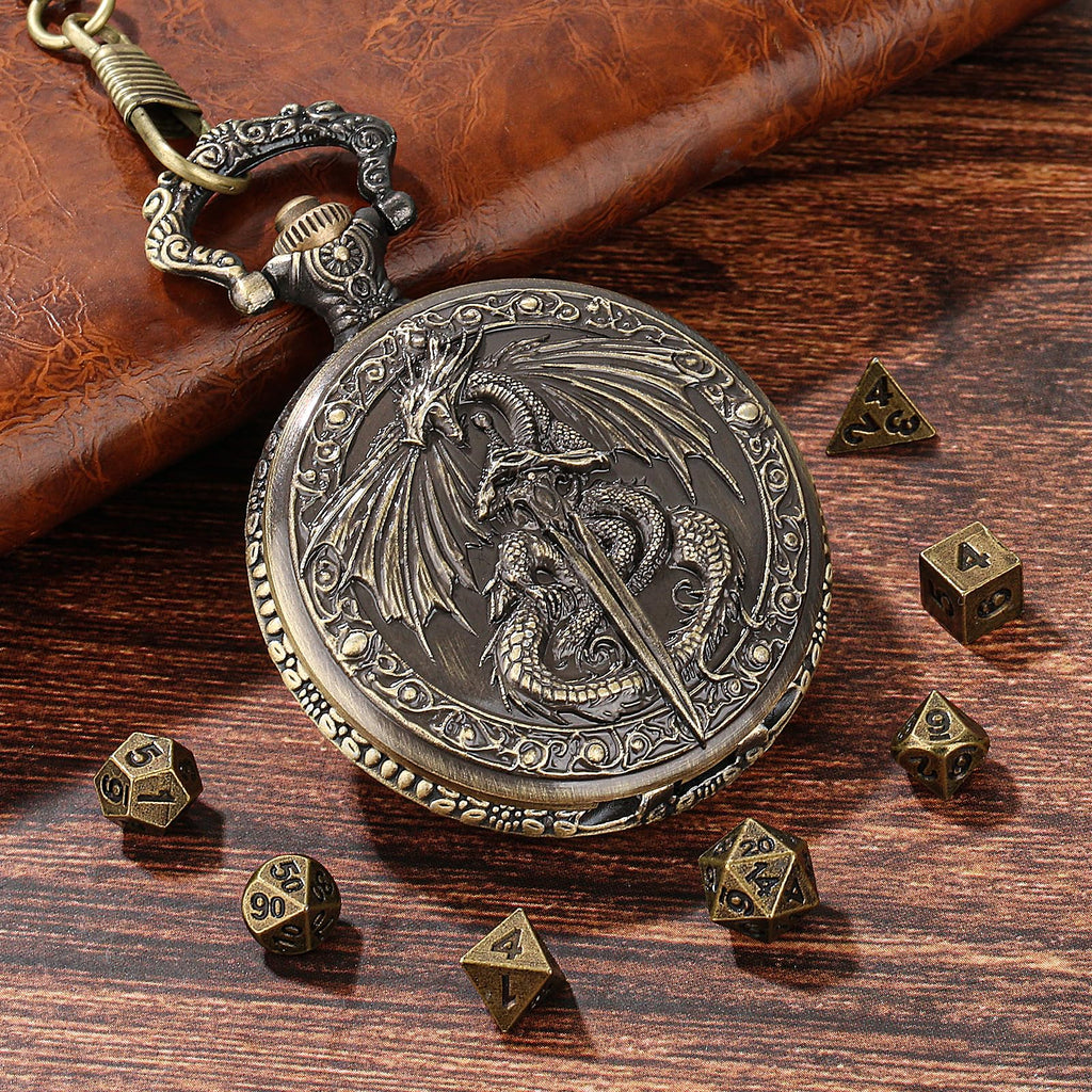 Flying Dragon Pocket Watch Dice Set - 7 Mini Polyhedral Metal Dice in Bronze Case with Gift Bag