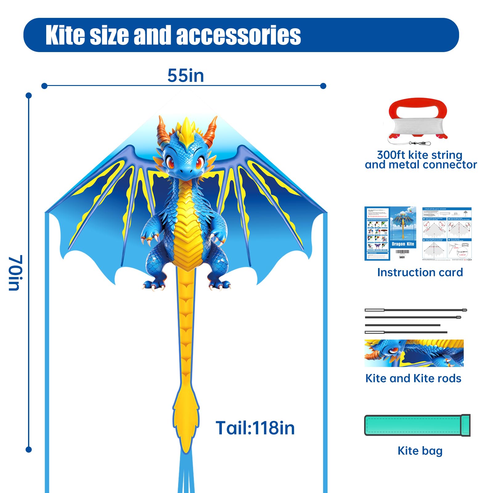 Flying Hoofer Blue Dragon Kite – 70-Inch Delta Kite for Kids with 300ft String, Easy to Fly for Beginners Ages 4-12
