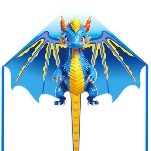 Flying Hoofer Blue Dragon Kite – 70-Inch Delta Kite for Kids with 300ft String, Easy to Fly for Beginners Ages 4-12
