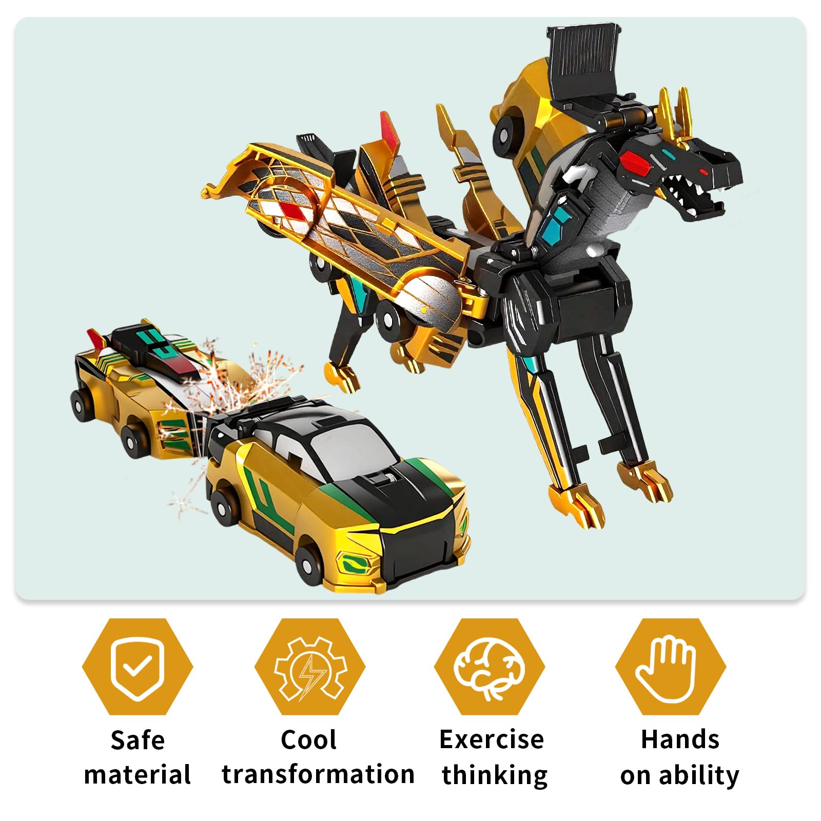 Fogsea Golden Dragon Transforming Car Toy – 2-in-1 Magnetic Collision Dinosaur Robot, No Batteries, Ages 3-12