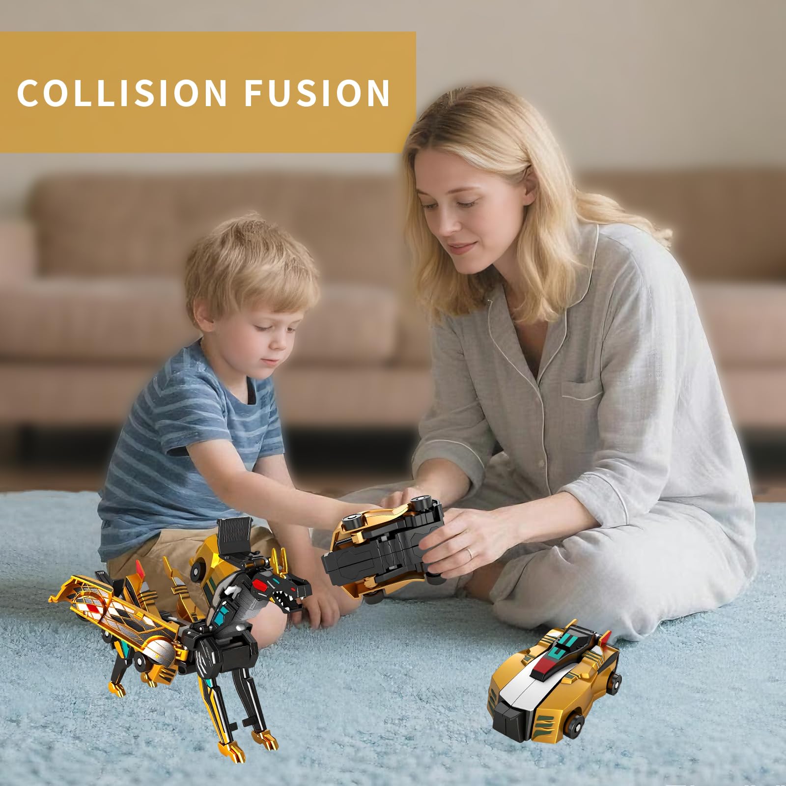 Fogsea Golden Dragon Transforming Car Toy – 2-in-1 Magnetic Collision Dinosaur Robot, No Batteries, Ages 3-12