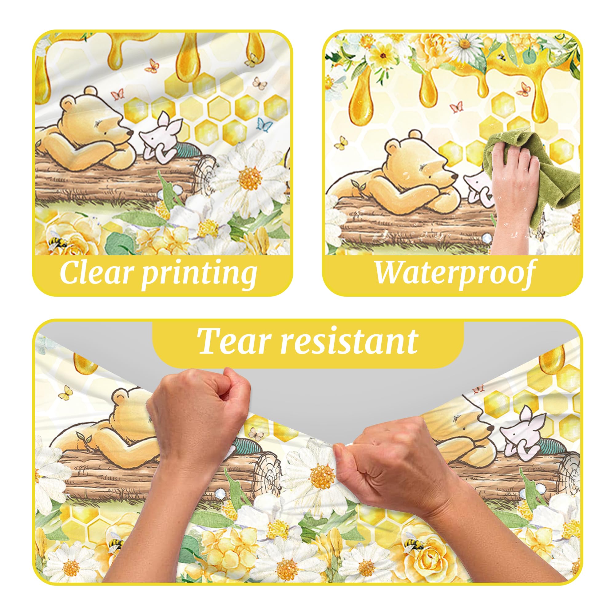 FOLNESH 3-Pack Yellow Winnie Bear Baby Shower Tablecloths – Disposable Plastic Party Table Cover, 54x108 Inch