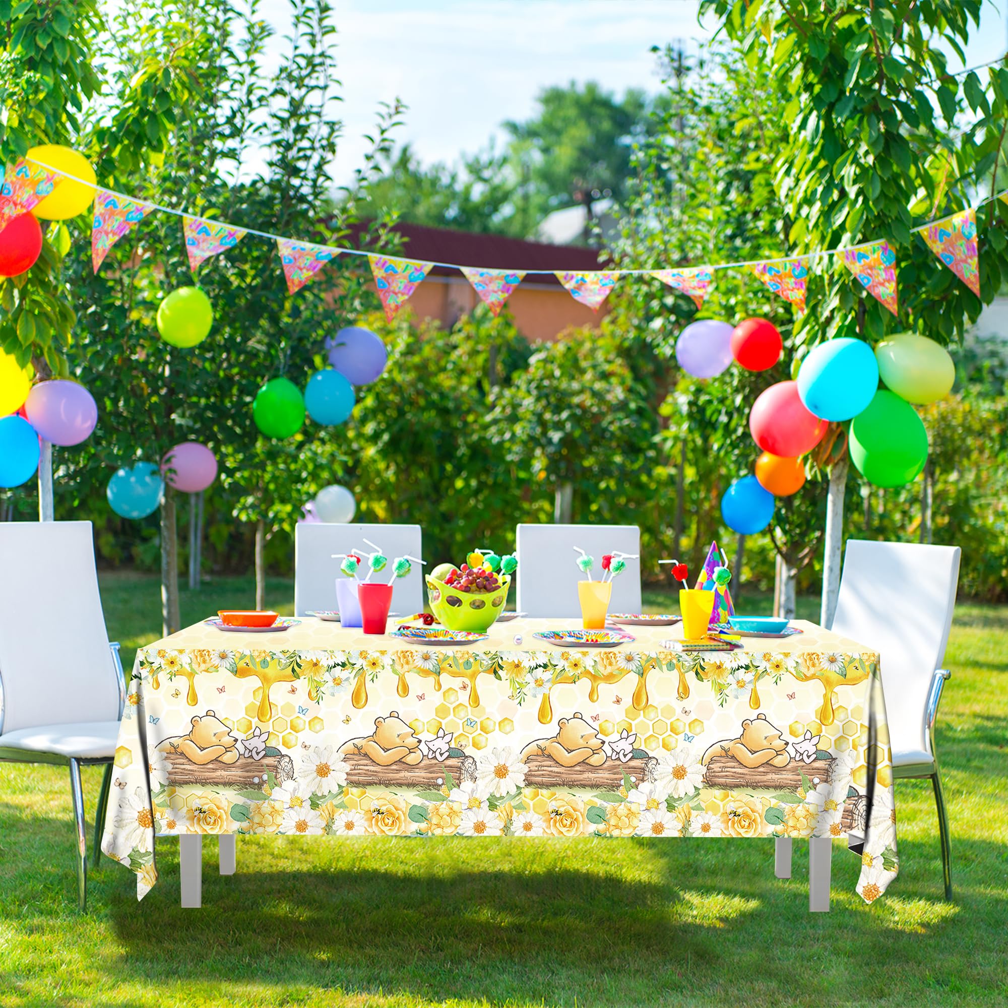 FOLNESH 3-Pack Yellow Winnie Bear Baby Shower Tablecloths – Disposable Plastic Party Table Cover, 54x108 Inch