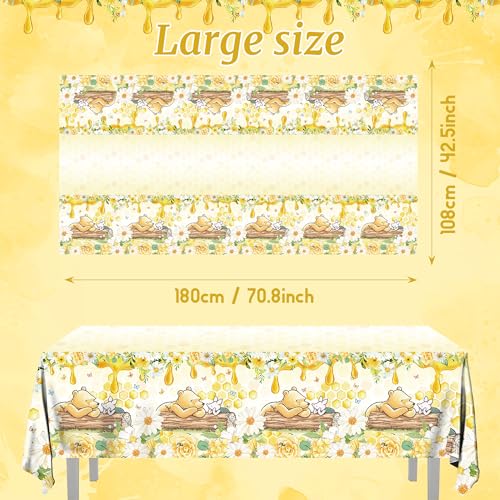 FOLNESH 3-Pack Yellow Winnie Bear Baby Shower Tablecloths – Disposable Plastic Party Table Cover, 54x108 Inch