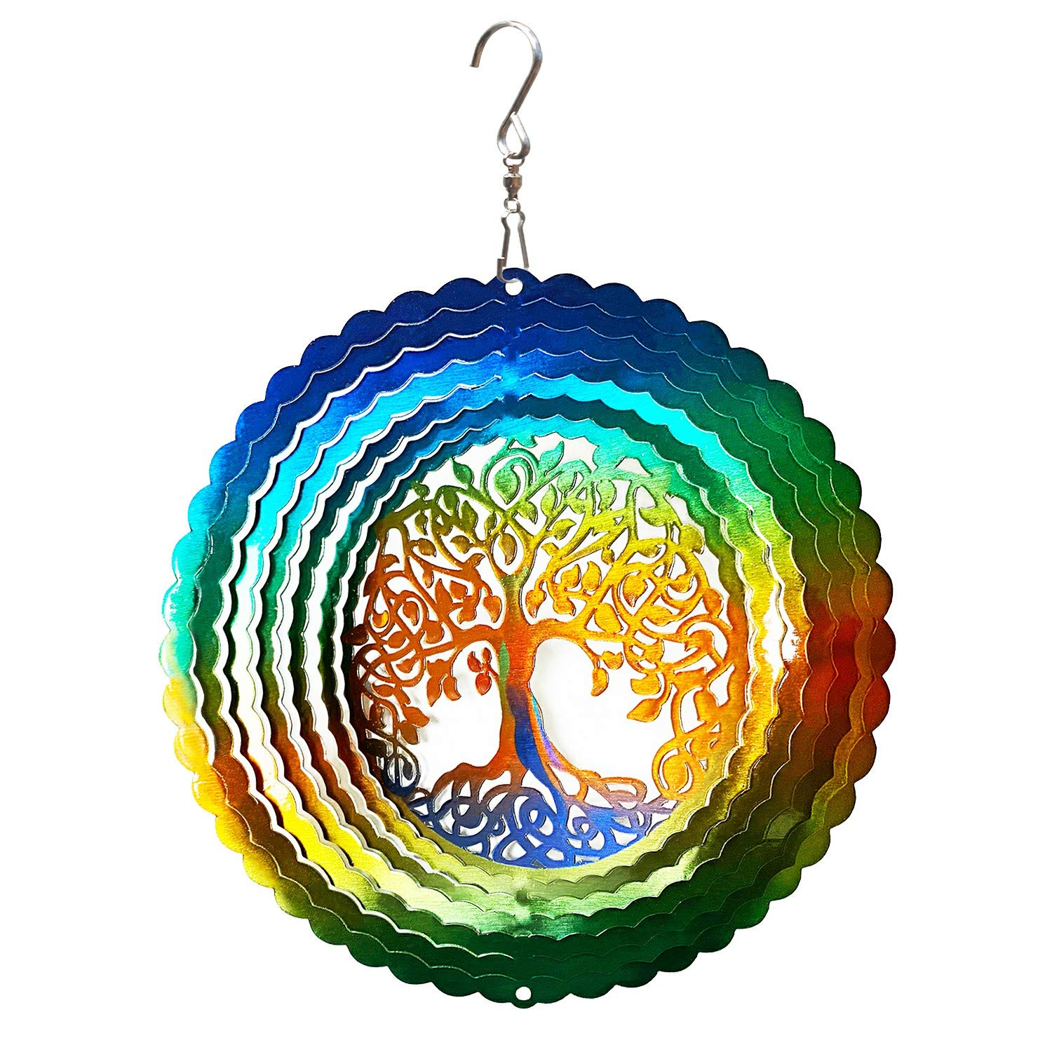 FONMY 6 Inch Stainless Steel Wind Spinner – Multi Color Tree of Life Design with Swivel Hook