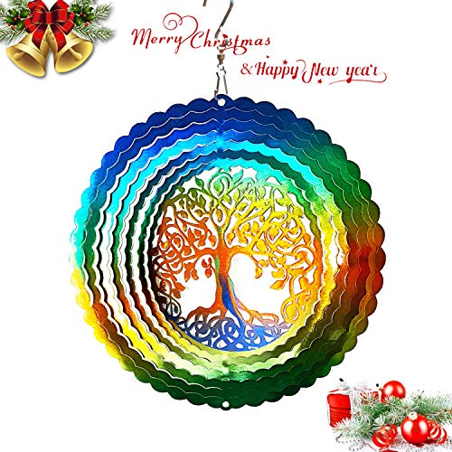 FONMY 6 Inch Stainless Steel Wind Spinner – Multi Color Tree of Life Design with Swivel Hook