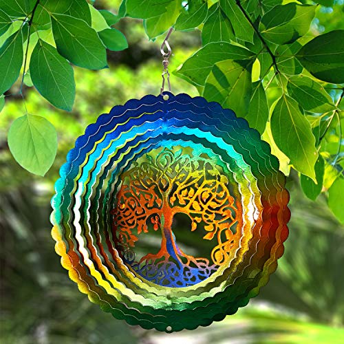 FONMY 6 Inch Stainless Steel Wind Spinner – Multi Color Tree of Life Design with Swivel Hook