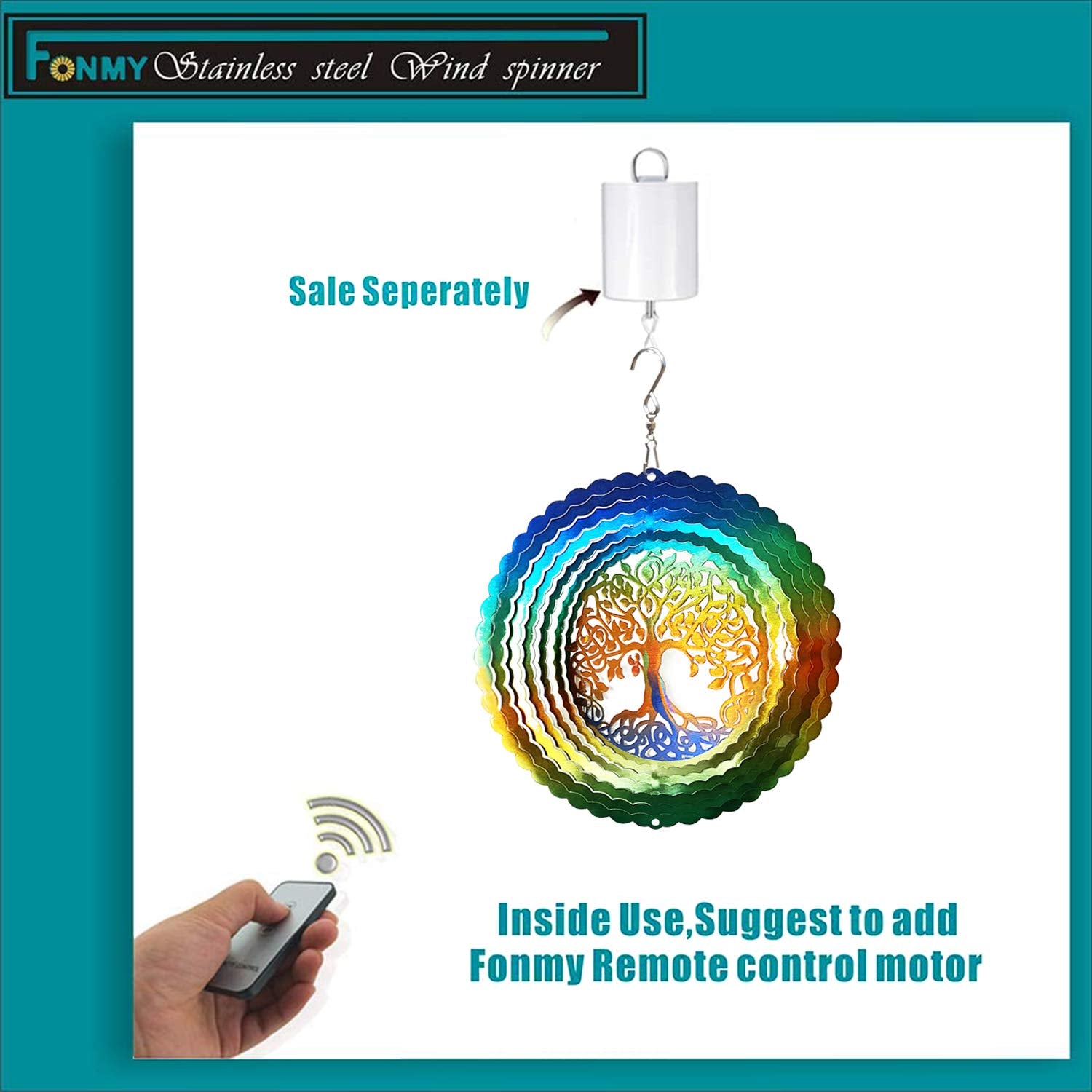 FONMY 6 Inch Stainless Steel Wind Spinner – Multi Color Tree of Life Design with Swivel Hook