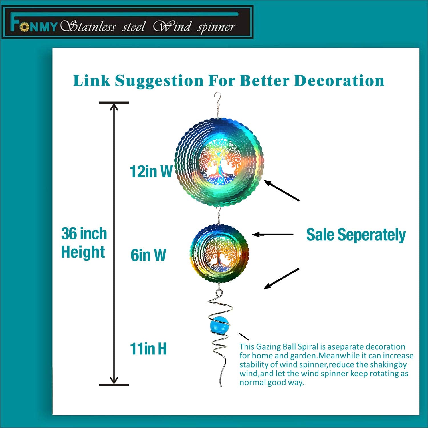 FONMY 6 Inch Stainless Steel Wind Spinner – Multi Color Tree of Life Design with Swivel Hook