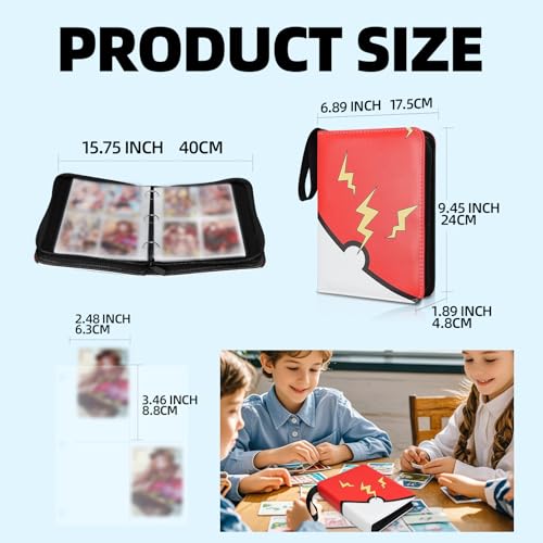 FootJKYX 4-Pocket Card Binder – Holds 400 Standard Trading Cards, PU Waterproof Zip Album with Wrist Strap, Red & Blue