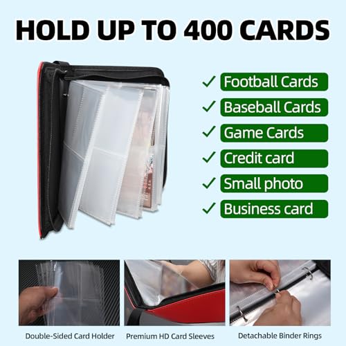 FootJKYX 4-Pocket Trading Card Binder - Red & Yellow, Holds 400 Cards, Waterproof PU Album with Wrist Strap