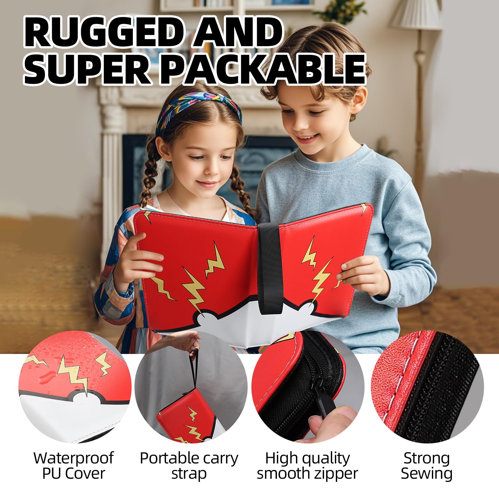 FootJKYX 4-Pocket Trading Card Binder - Red & Yellow, Holds 400 Cards, Waterproof PU Album with Wrist Strap