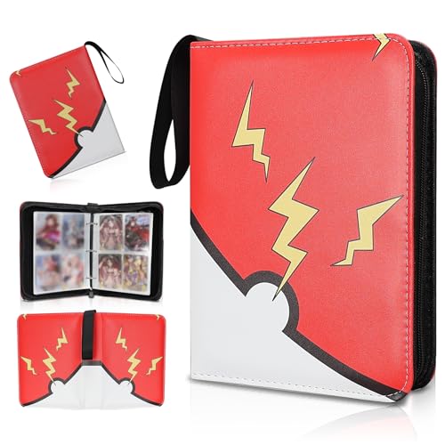 FootJKYX 4-Pocket Trading Card Binder - Red & Yellow, Holds 400 Cards, Waterproof PU Album with Wrist Strap