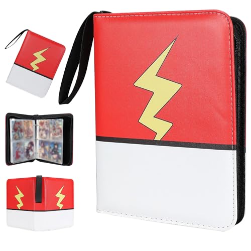 FootJKYX 4-Pocket Trading Card Binder – Holds 400 Cards, PU Leather, Zippered, with Wrist Strap (Red White-08)