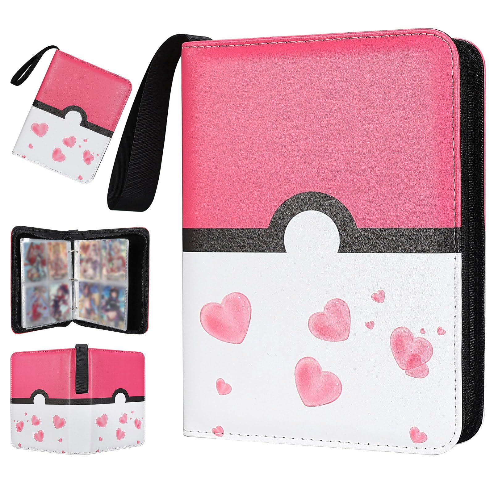 FootJKYX 4-Pocket Trading Card Binder – Holds 400 Cards, PU Zipper Album with Removable Sleeves (Pink White)