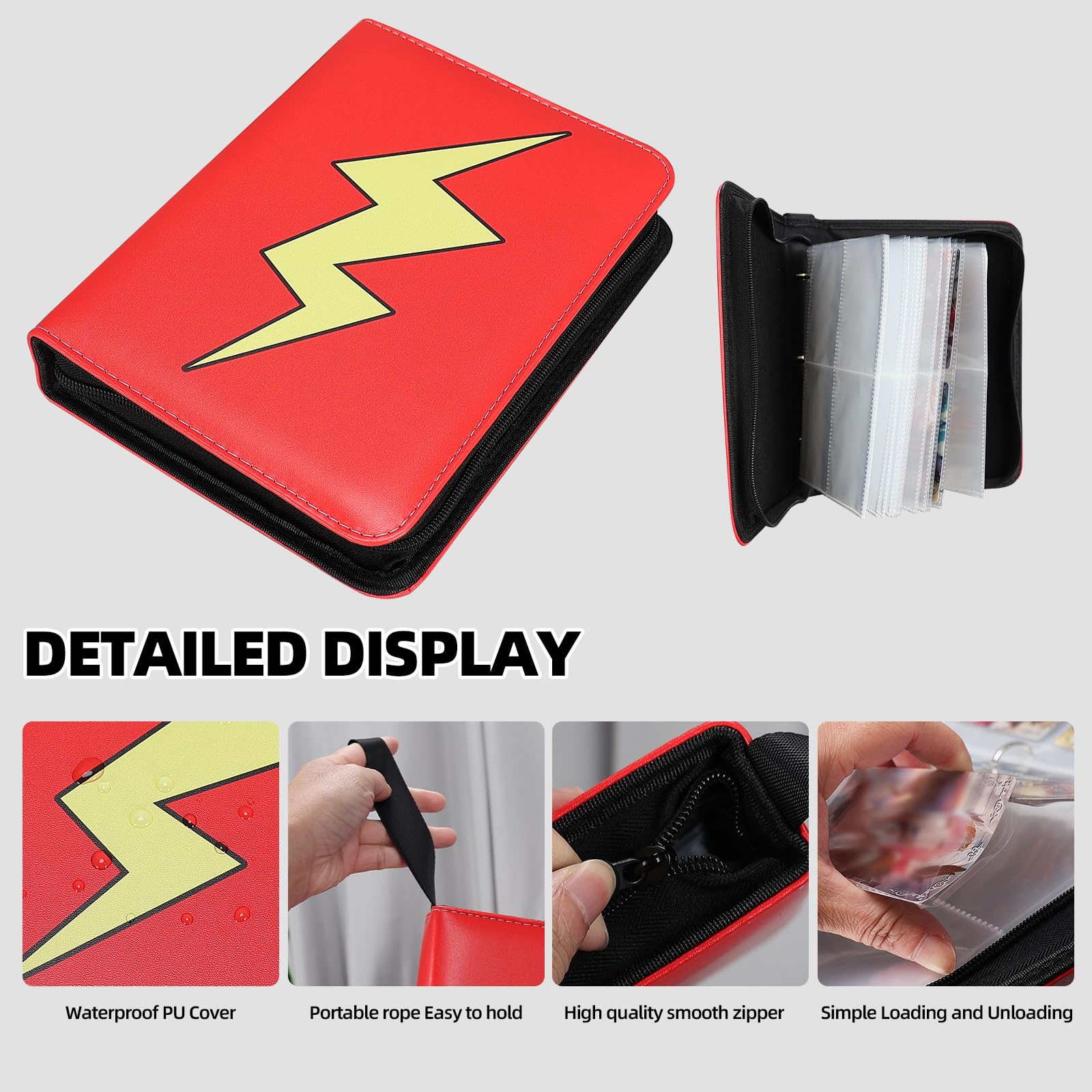 FootJKYX 4-Pocket Trading Card Binder – Holds 400 Cards, PU Zipper Album with Removable Sleeves (Pink White)