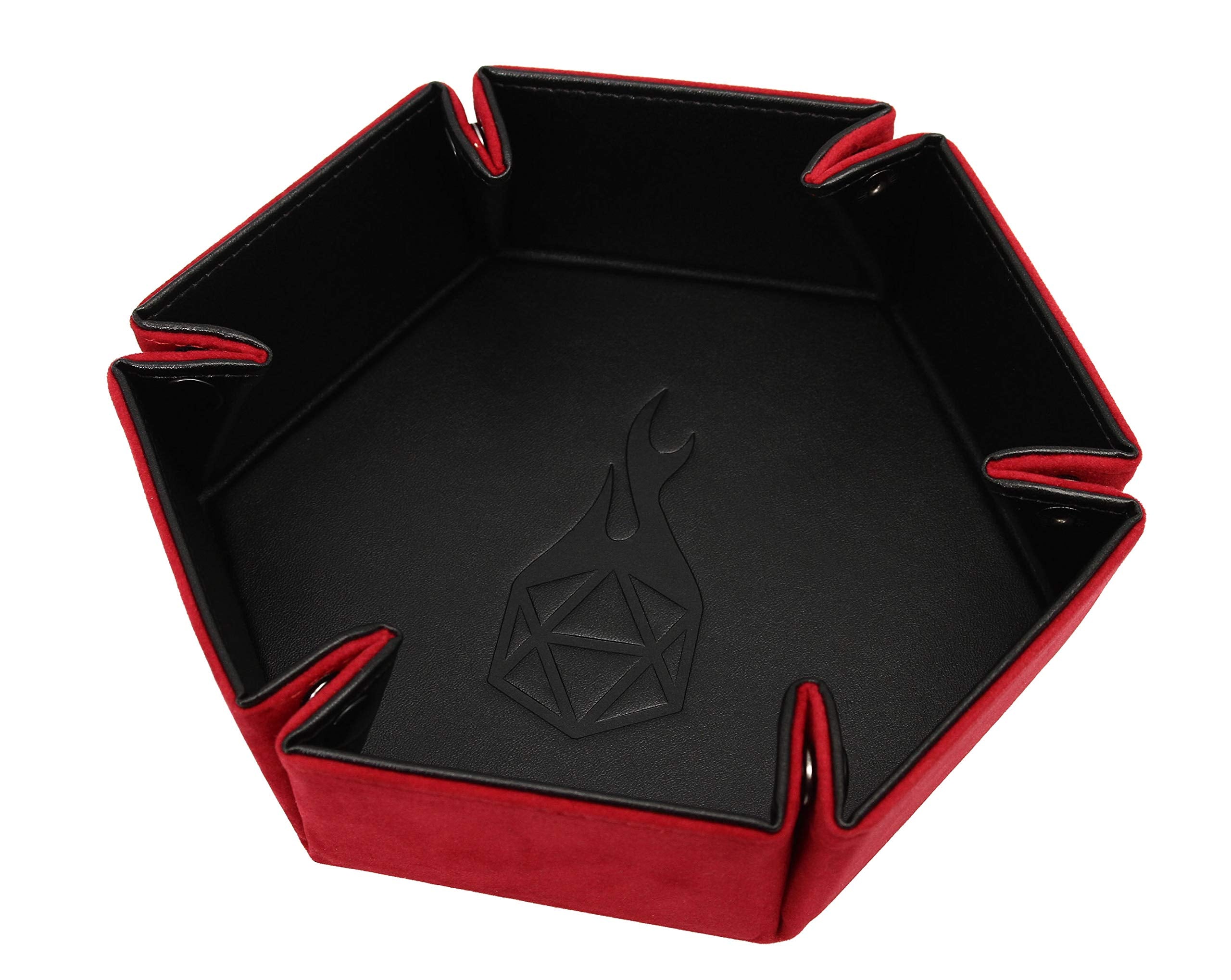 Forged Dice Co. Folding Dice Tray – 6.5-Inch Hexagonal Dice Rolling Tray with Velvet Interior and Snap Buttons (Red)