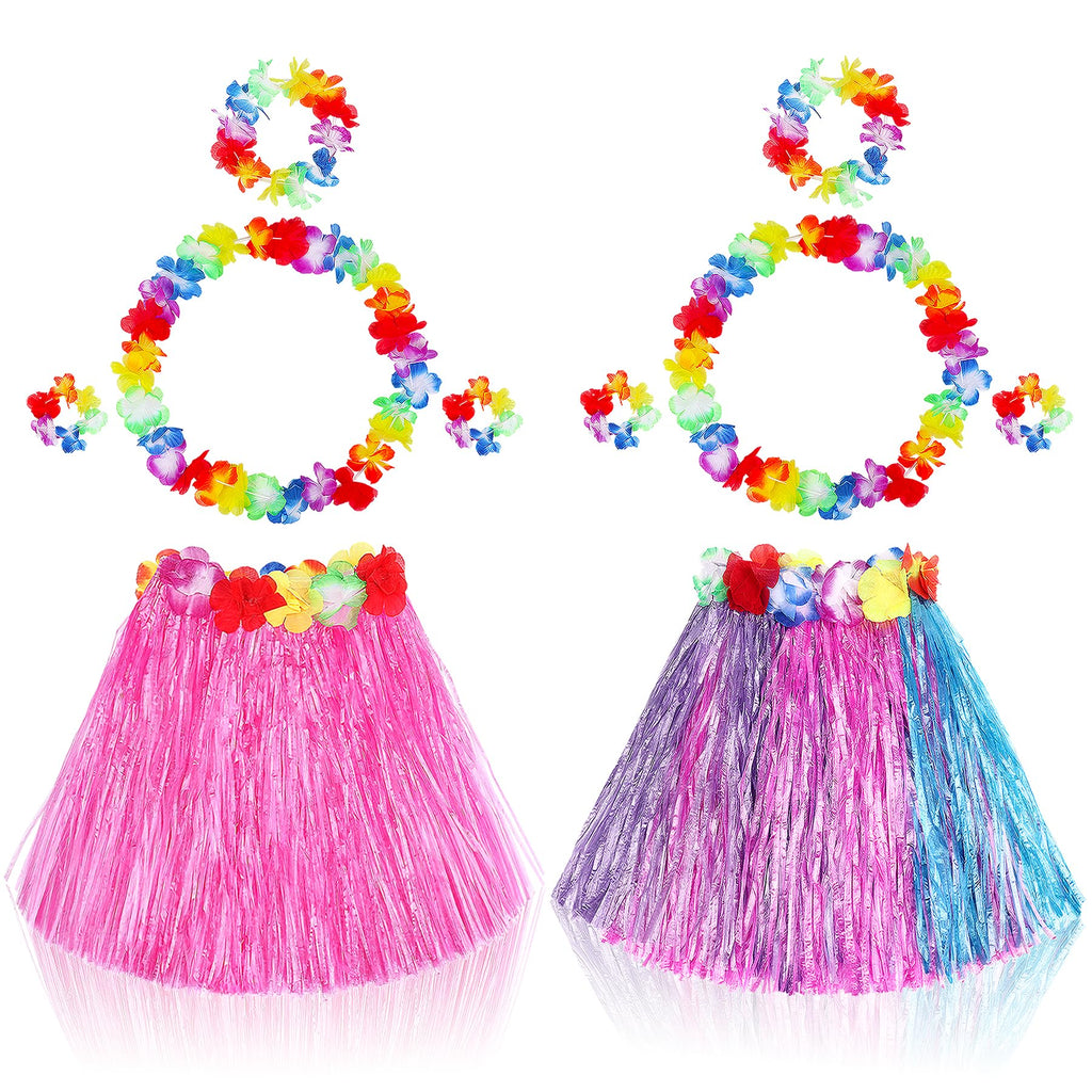 Fortuning's JDS Girls' Hawaiian Hula Grass Skirt Costume Set – 2 Pack with Lei Necklace, Headband & Bracelets for Luau & Beach Party