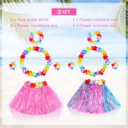 Fortuning's JDS Girls' Hawaiian Hula Grass Skirt Costume Set – 2 Pack with Lei Necklace, Headband & Bracelets for Luau & Beach Party