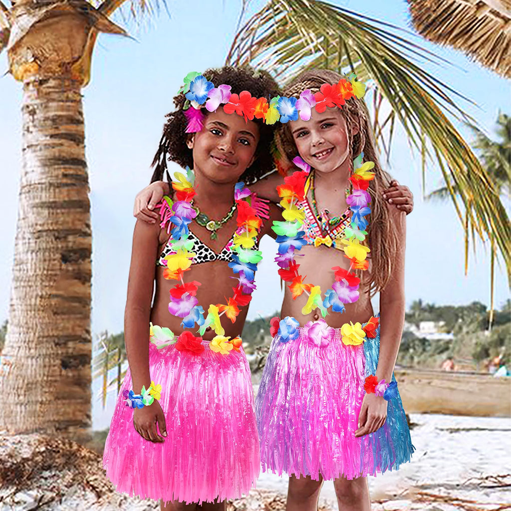 Fortuning's JDS Girls' Hawaiian Hula Grass Skirt Costume Set – 2 Pack with Lei Necklace, Headband & Bracelets for Luau & Beach Party