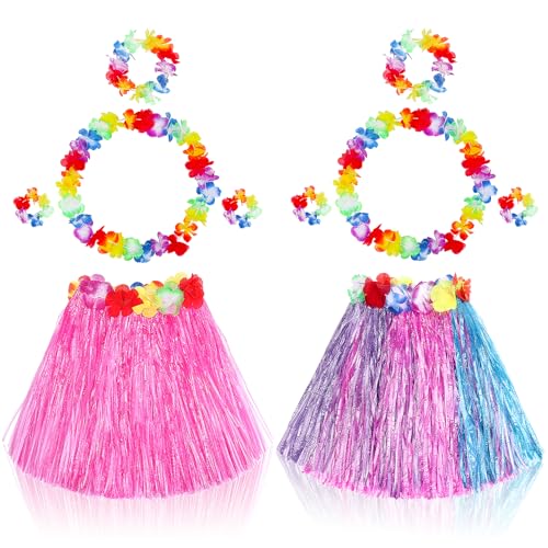 Fortuning's JDS Girls' Hawaiian Hula Grass Skirt Costume Set – 2 Pack with Lei Necklace, Headband & Bracelets for Luau & Beach Party