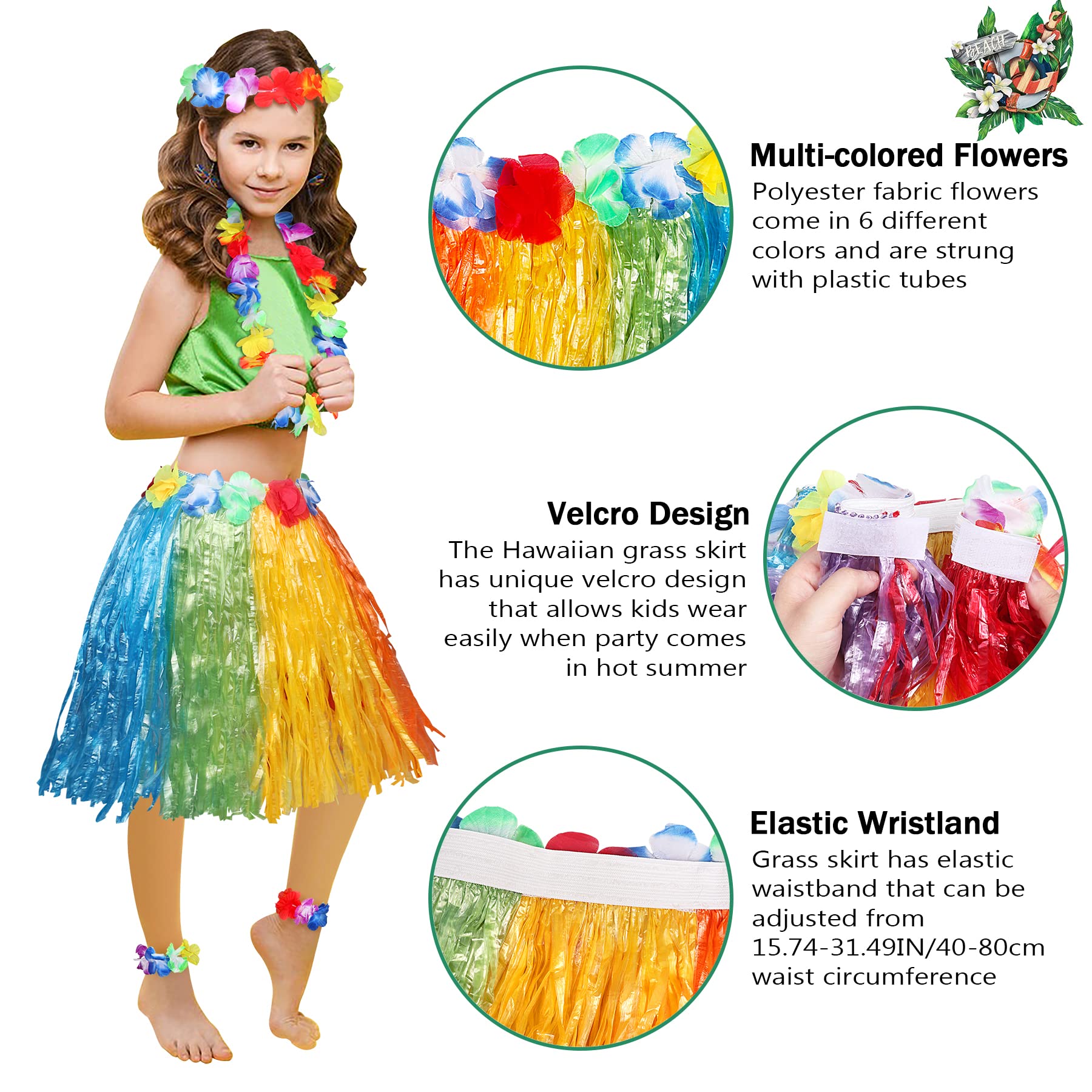 Fortuning's JDS Girls Hawaiian Hula Grass Skirt Costume Set with Flower Accessories for Luau Party