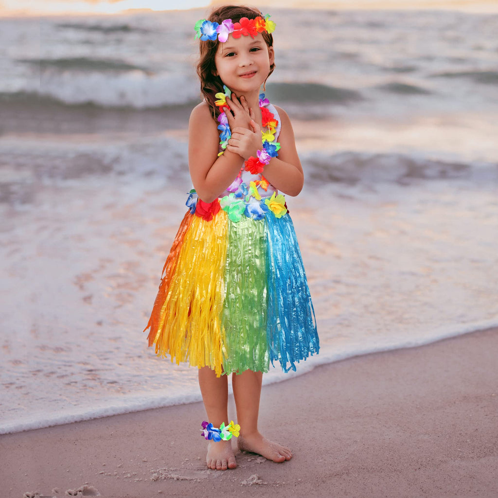 Fortuning's JDS Girls Hawaiian Hula Grass Skirt Costume Set with Flower Accessories for Luau Party