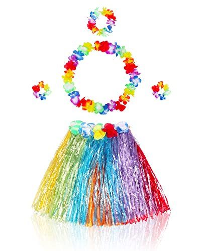 Fortuning's JDS Girls Hawaiian Hula Grass Skirt Costume Set with Flower Accessories for Luau Party