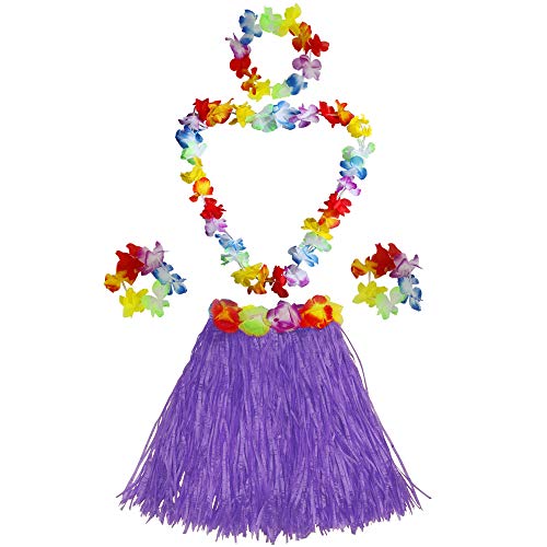 Fortuning's JDS Hawaiian Hula Dancer Grass Skirt and Flower Costume Set – 40cm Fiber Skirt for Luau & Beach Party
