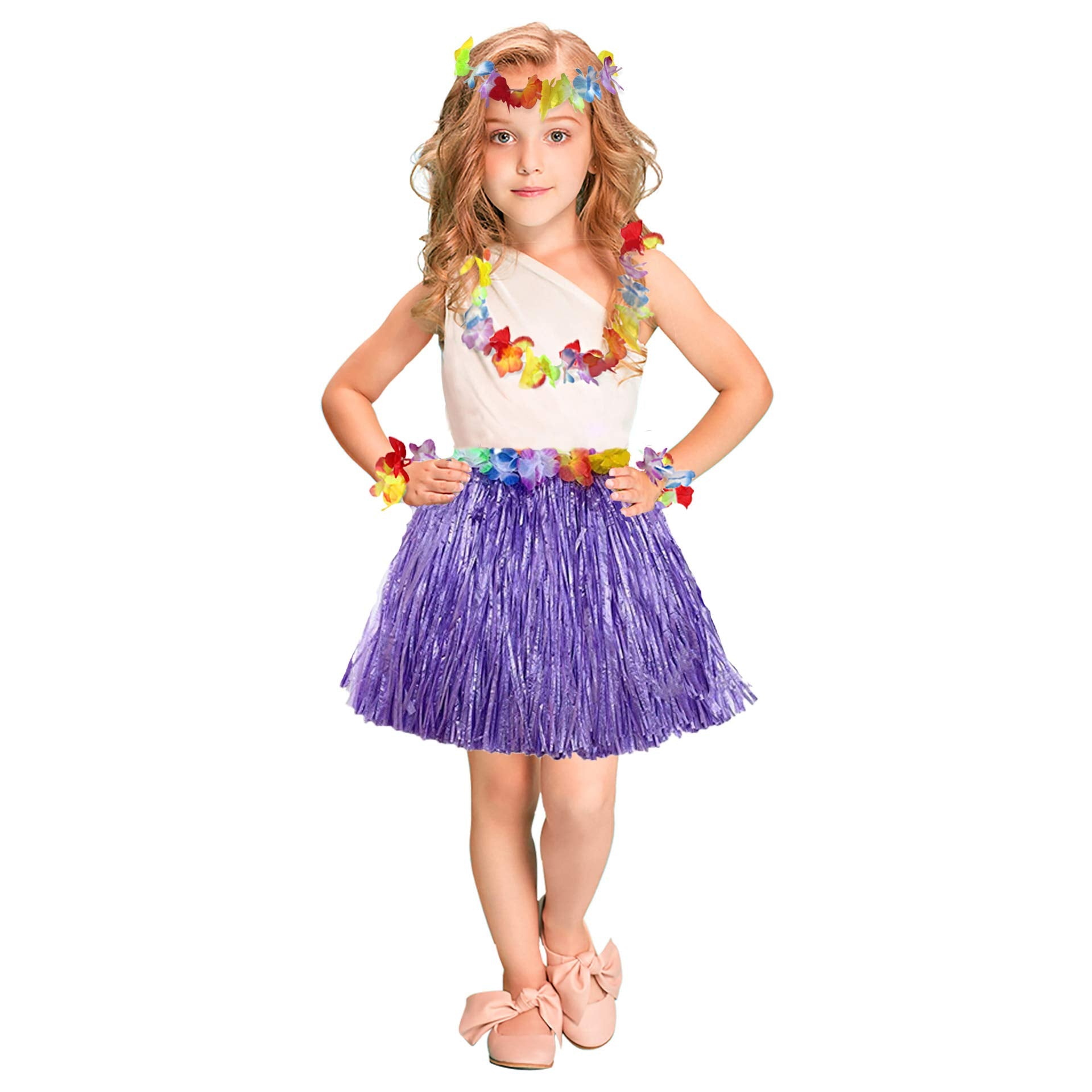 Fortuning's JDS Hawaiian Hula Dancer Grass Skirt and Flower Costume Set – 40cm Fiber Skirt for Luau & Beach Party