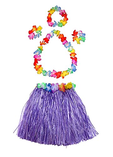 Fortuning's JDS Hawaiian Hula Dancer Grass Skirt and Flower Costume Set – 40cm Fiber Skirt for Luau & Beach Party