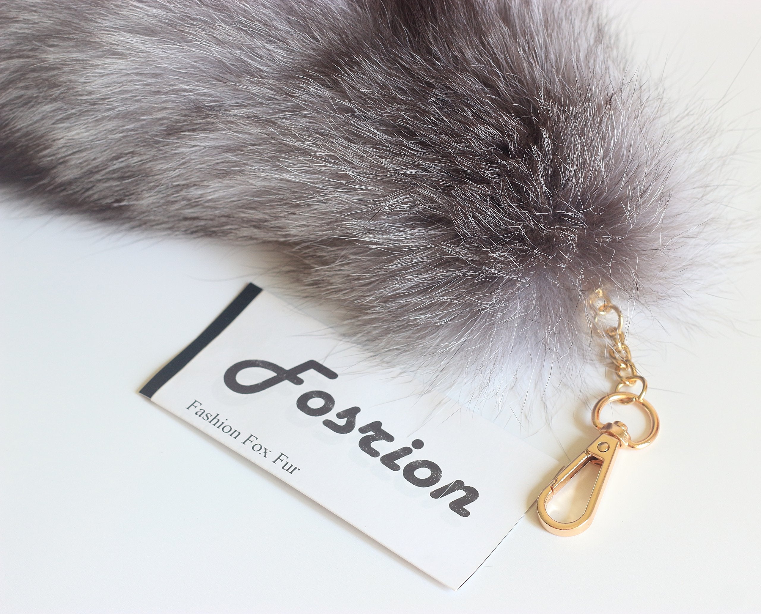 Fosrion Genuine Silver Fox Tail Keychain – Sky Grey Fur, 16 Inch, Zinc Alloy Clip for Bags & Cosplay