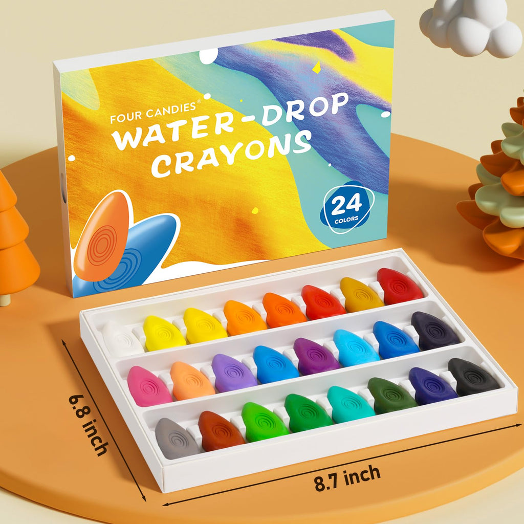 Four Candies Non-Toxic Washable Crayons 24 Colors – Easy-Grip Water-Drop Shape for Toddlers, Unbreakable